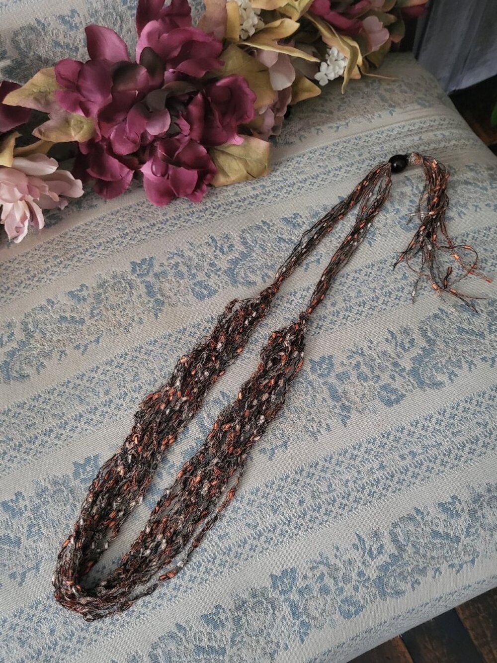Handmade Multi Strand Ribbon Yarn Necklace Earth Tone Brown Orange Wood Bead